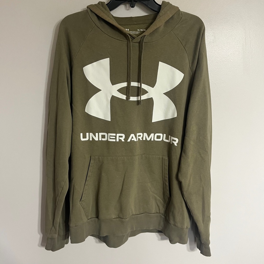 Under Armour Mens XL Rival Fleece‎ Hoodie Olive Green Loose Fit Sweatshirt Logo